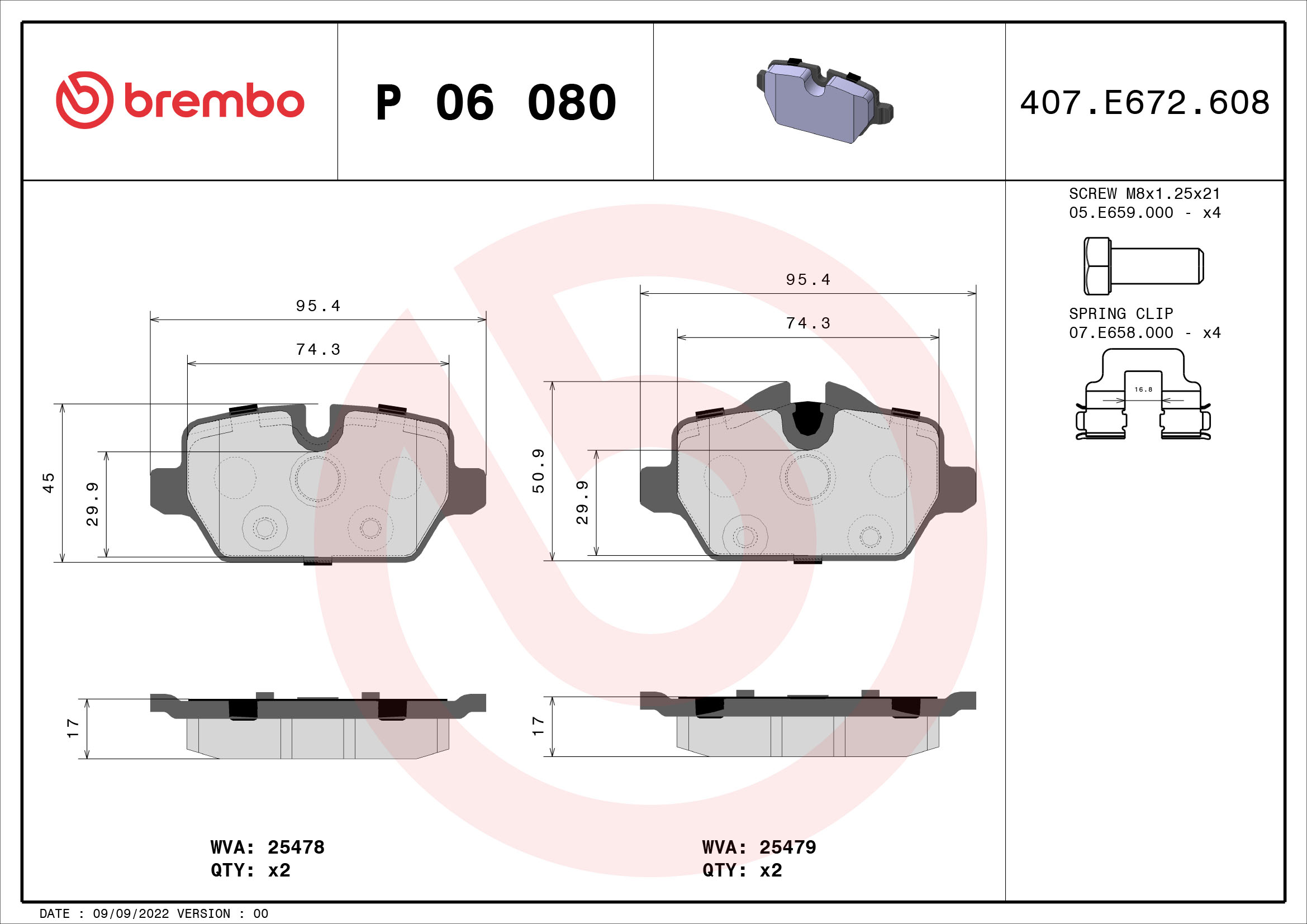 Комплект гальмівних накладок, дискове гальмо   P 06 080   BREMBO