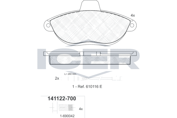 Комплект гальмівних накладок, дискове гальмо   141122-700   ICER