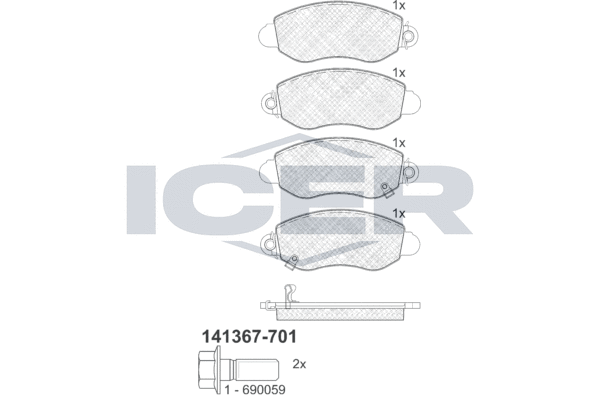 Комплект гальмівних накладок, дискове гальмо   141367-701   ICER