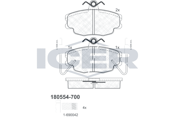 Комплект гальмівних накладок, дискове гальмо   180554-700   ICER