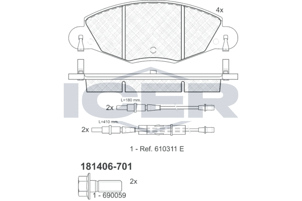 Комплект тормозных колодок, дисковый тормоз   181406-701   ICER