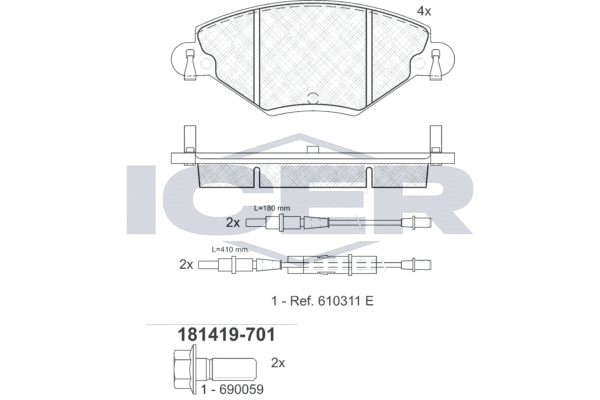Комплект тормозных колодок, дисковый тормоз   181419-701   ICER