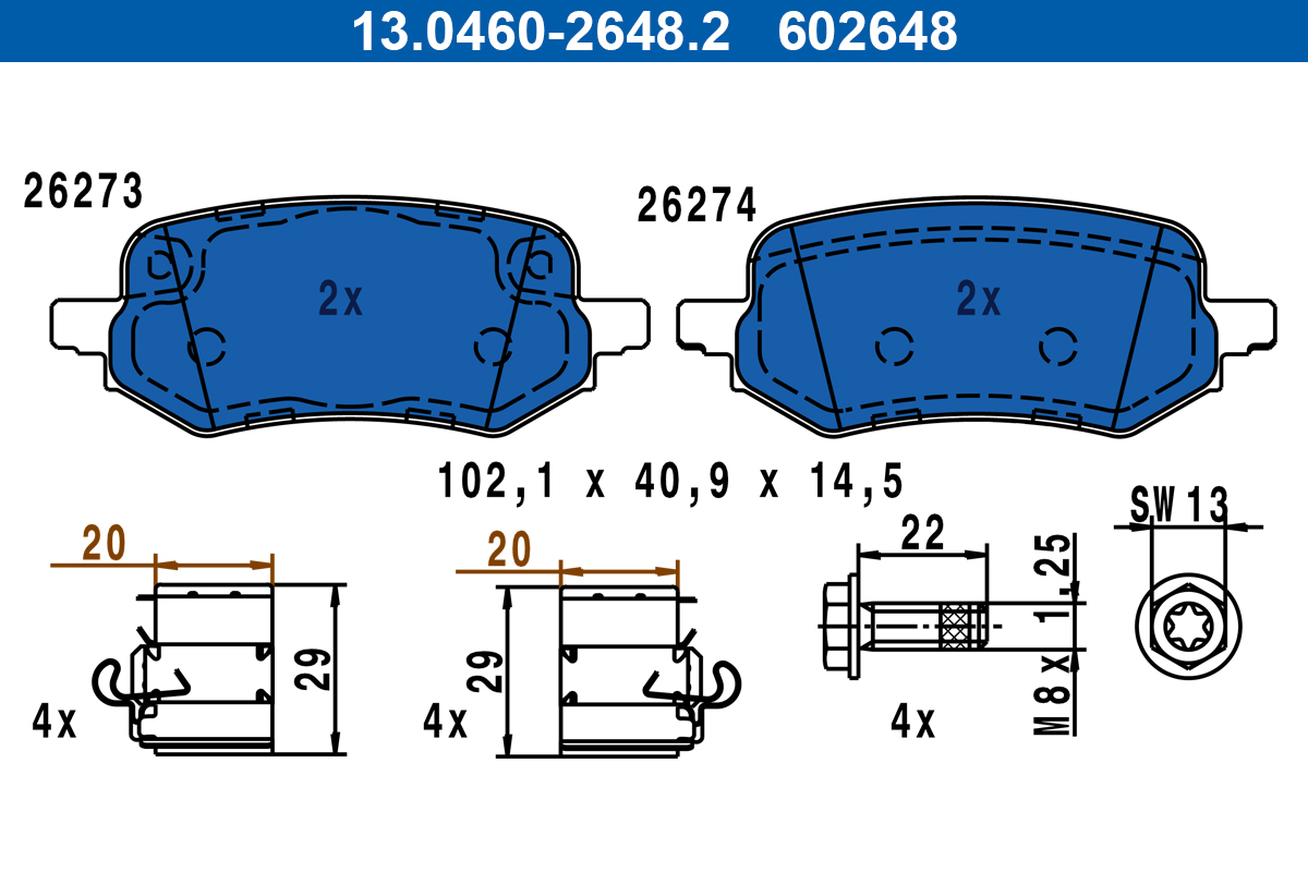 Комплект тормозных колодок, дисковый тормоз   13.0460-2648.2   ATE