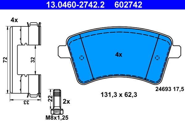 Комплект тормозных колодок, дисковый тормоз   13.0460-2742.2   ATE