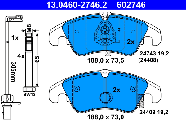 Комплект тормозных колодок, дисковый тормоз   13.0460-2746.2   ATE
