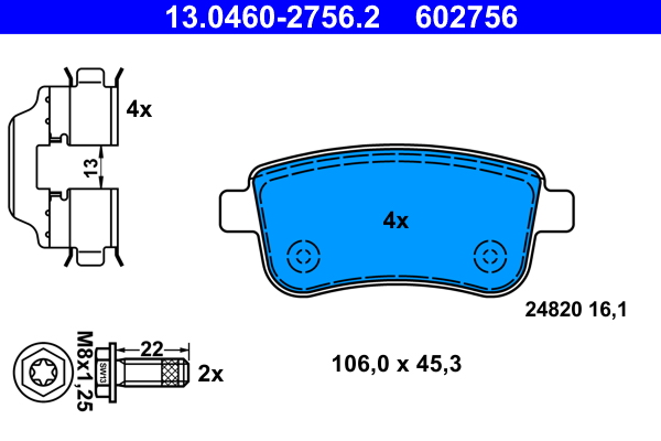 Комплект тормозных колодок, дисковый тормоз   13.0460-2756.2   ATE