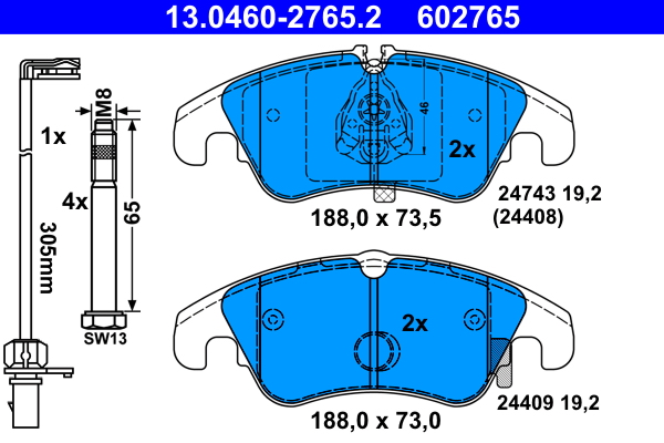Комплект тормозных колодок, дисковый тормоз   13.0460-2765.2   ATE