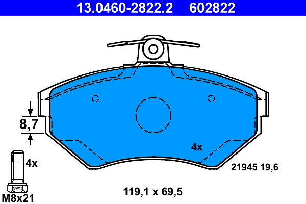 Комплект тормозных колодок, дисковый тормоз   13.0460-2822.2   ATE