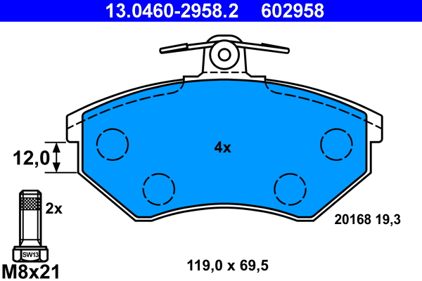 Комплект тормозных колодок, дисковый тормоз   13.0460-2958.2   ATE