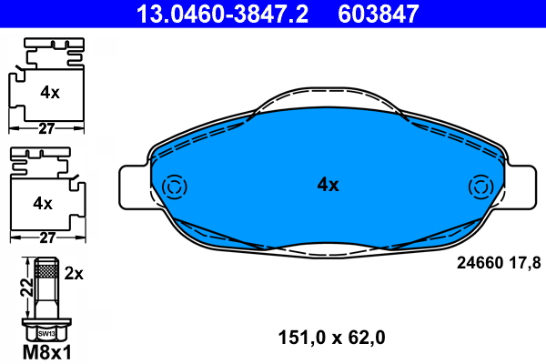 Комплект тормозных колодок, дисковый тормоз   13.0460-3847.2   ATE