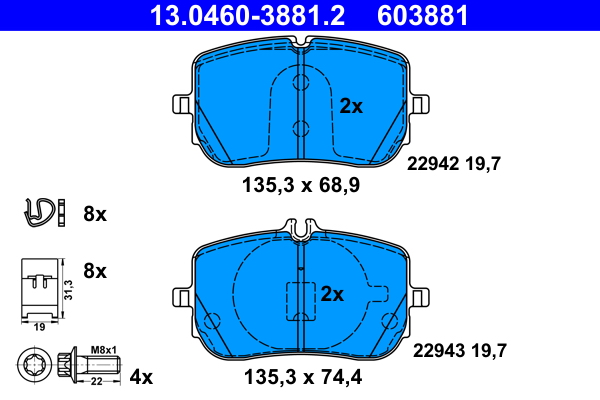 Комплект тормозных колодок, дисковый тормоз   13.0460-3881.2   ATE