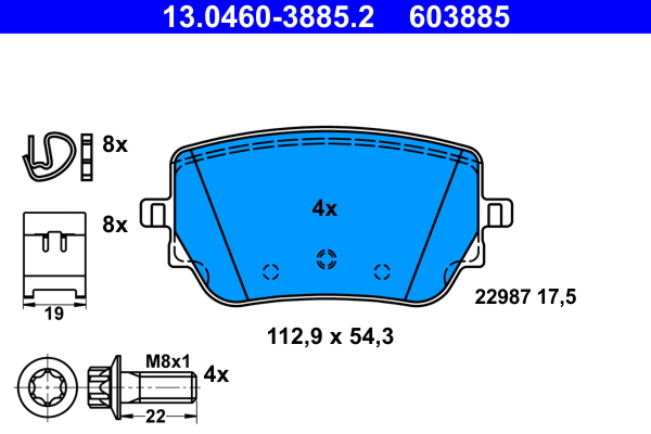 Комплект тормозных колодок, дисковый тормоз   13.0460-3885.2   ATE