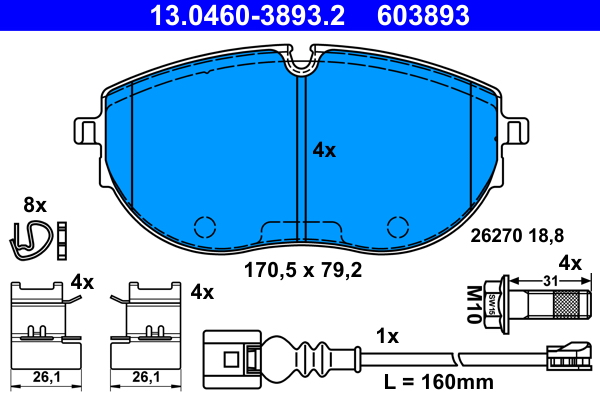 Комплект тормозных колодок, дисковый тормоз   13.0460-3893.2   ATE
