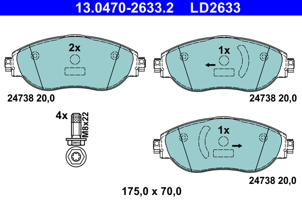 Комплект тормозных колодок, дисковый тормоз   13.0470-2633.2   ATE