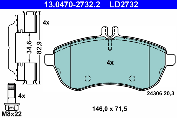 Комплект тормозных колодок, дисковый тормоз   13.0470-2732.2   ATE