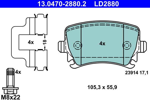 Комплект тормозных колодок, дисковый тормоз   13.0470-2880.2   ATE
