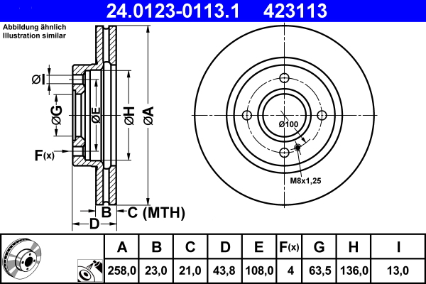 Тормозной диск   24.0123-0113.1   ATE