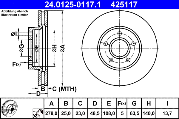 Тормозной диск   24.0125-0117.1   ATE