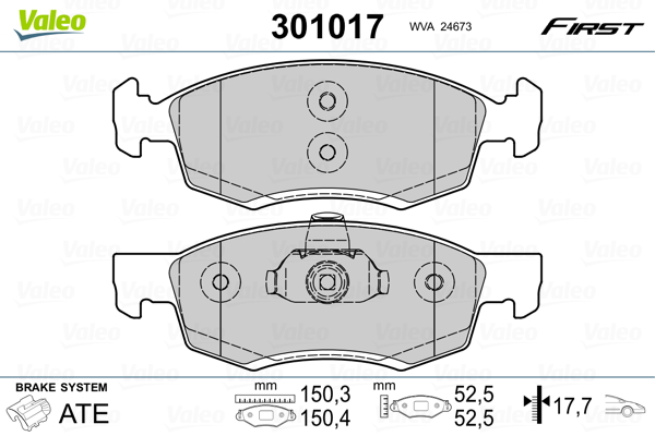 Комплект тормозных колодок, дисковый тормоз   301017   VALEO