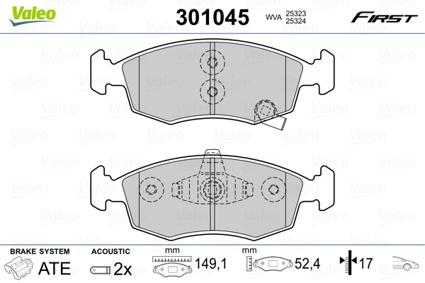 Комплект тормозных колодок, дисковый тормоз   301045   VALEO