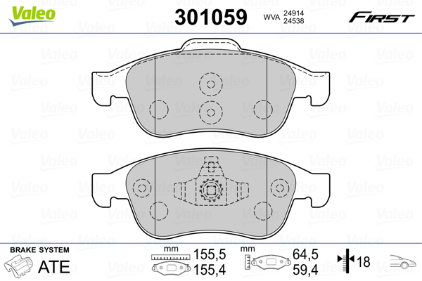 Комплект тормозных колодок, дисковый тормоз   301059   VALEO