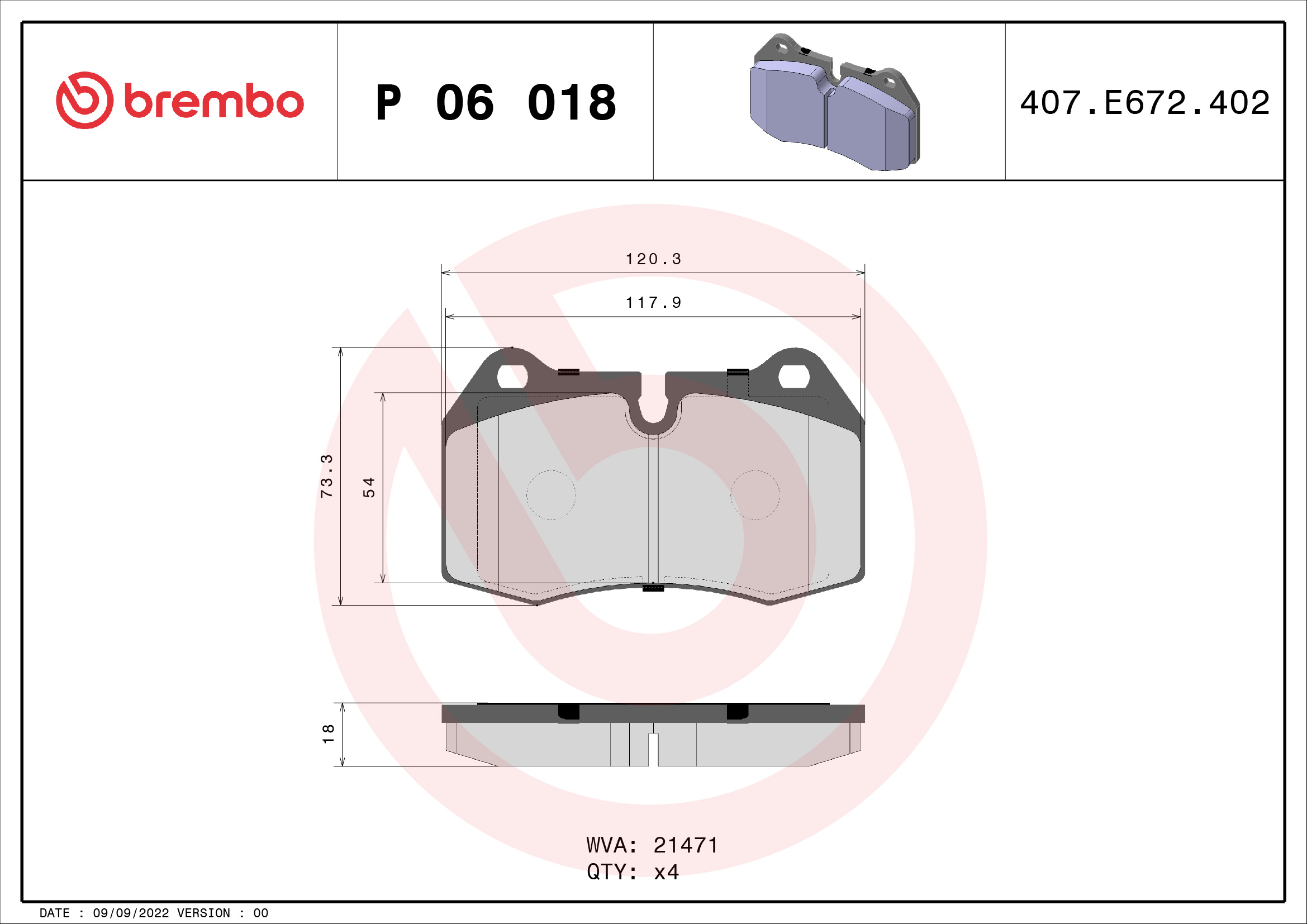Комплект гальмівних накладок, дискове гальмо   P 06 018   BREMBO