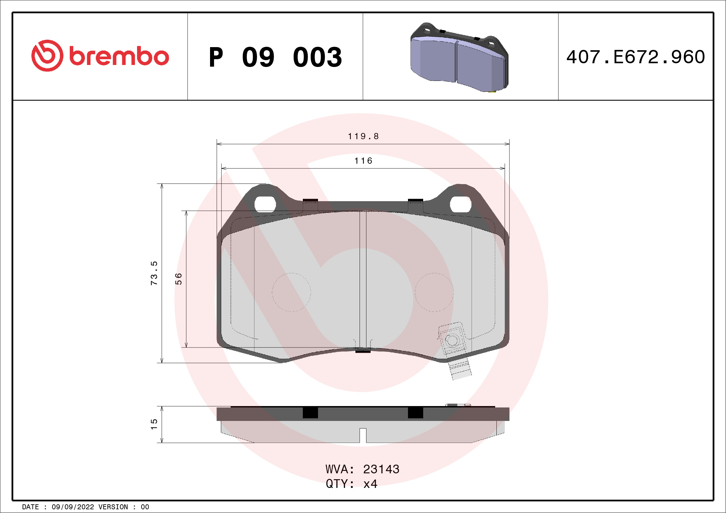 Комплект гальмівних накладок, дискове гальмо   P 09 003   BREMBO