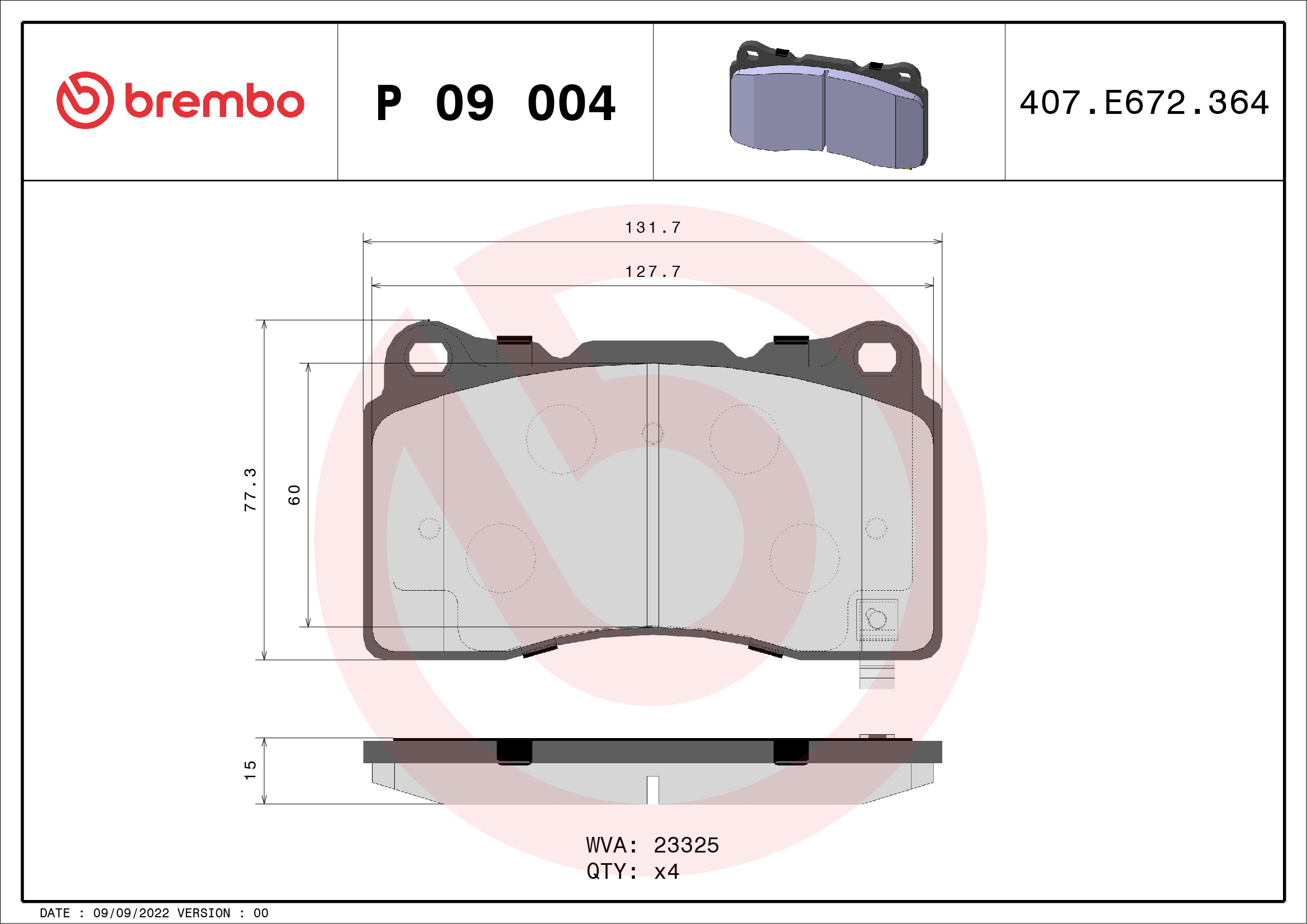 Комплект гальмівних накладок, дискове гальмо   P 09 004   BREMBO