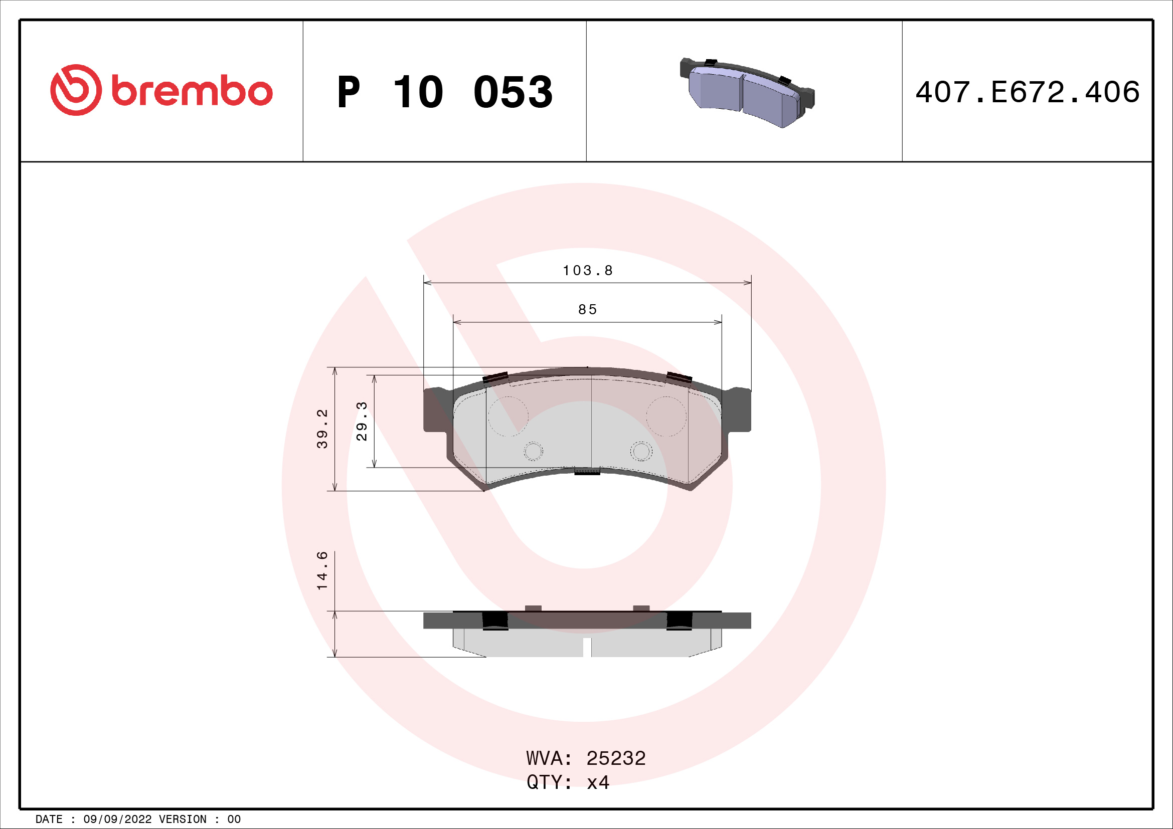 Комплект тормозных колодок, дисковый тормоз   P 10 053   BREMBO