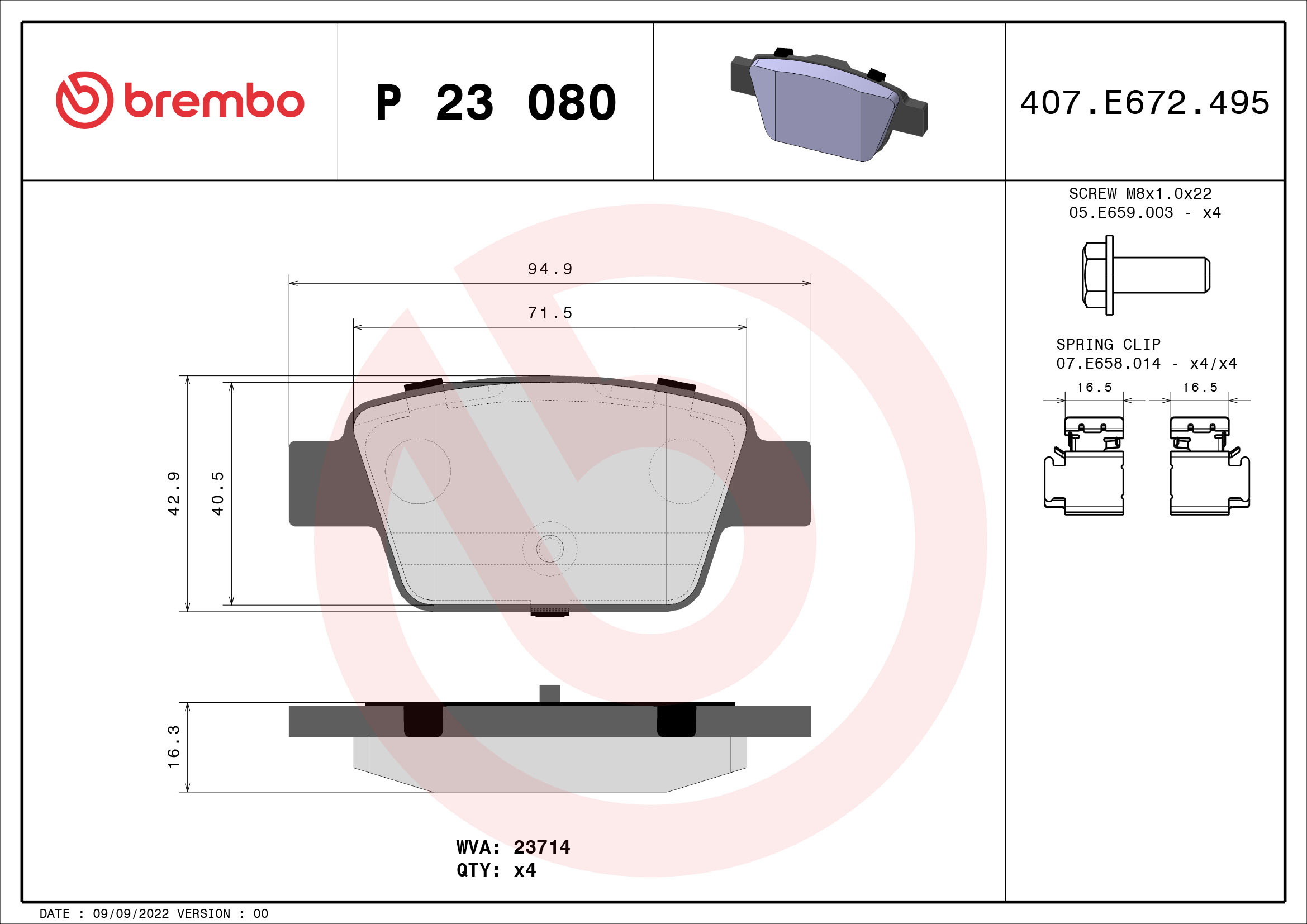 Комплект тормозных колодок, дисковый тормоз   P 23 080   BREMBO