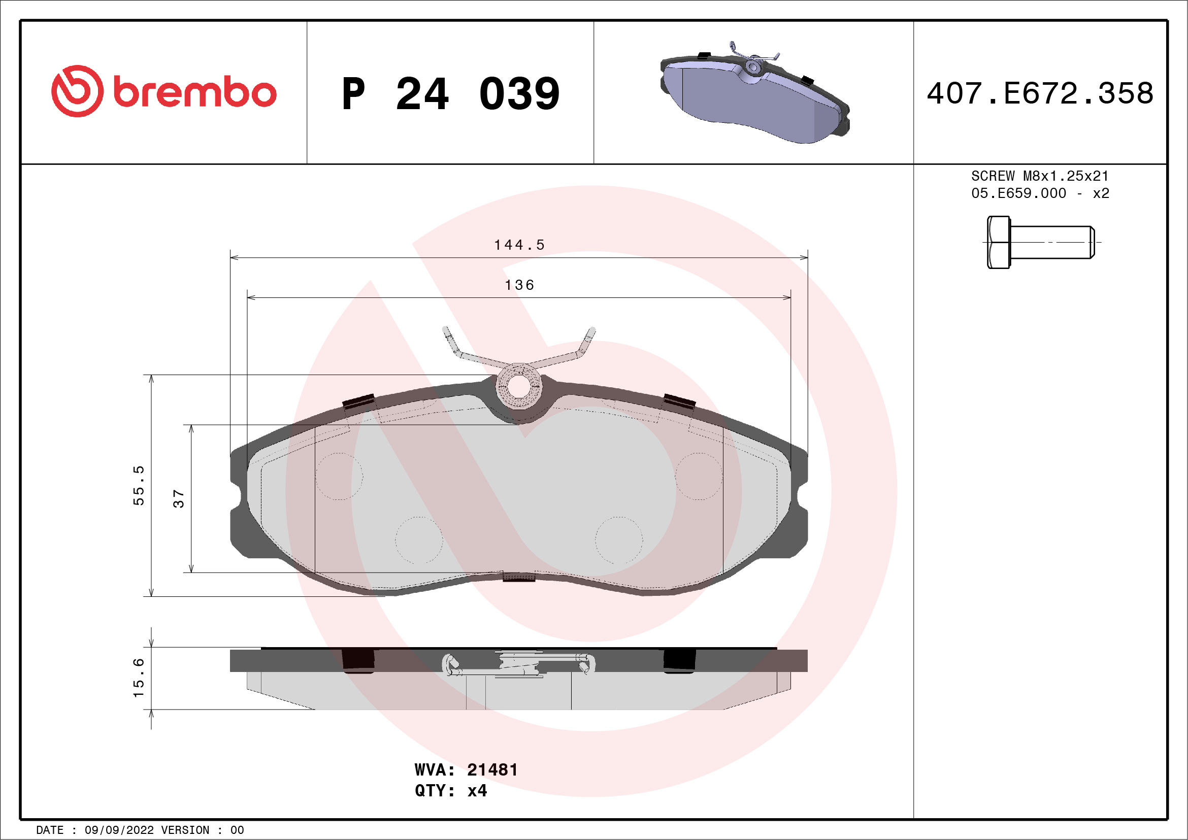 Комплект тормозных колодок, дисковый тормоз   P 24 039   BREMBO