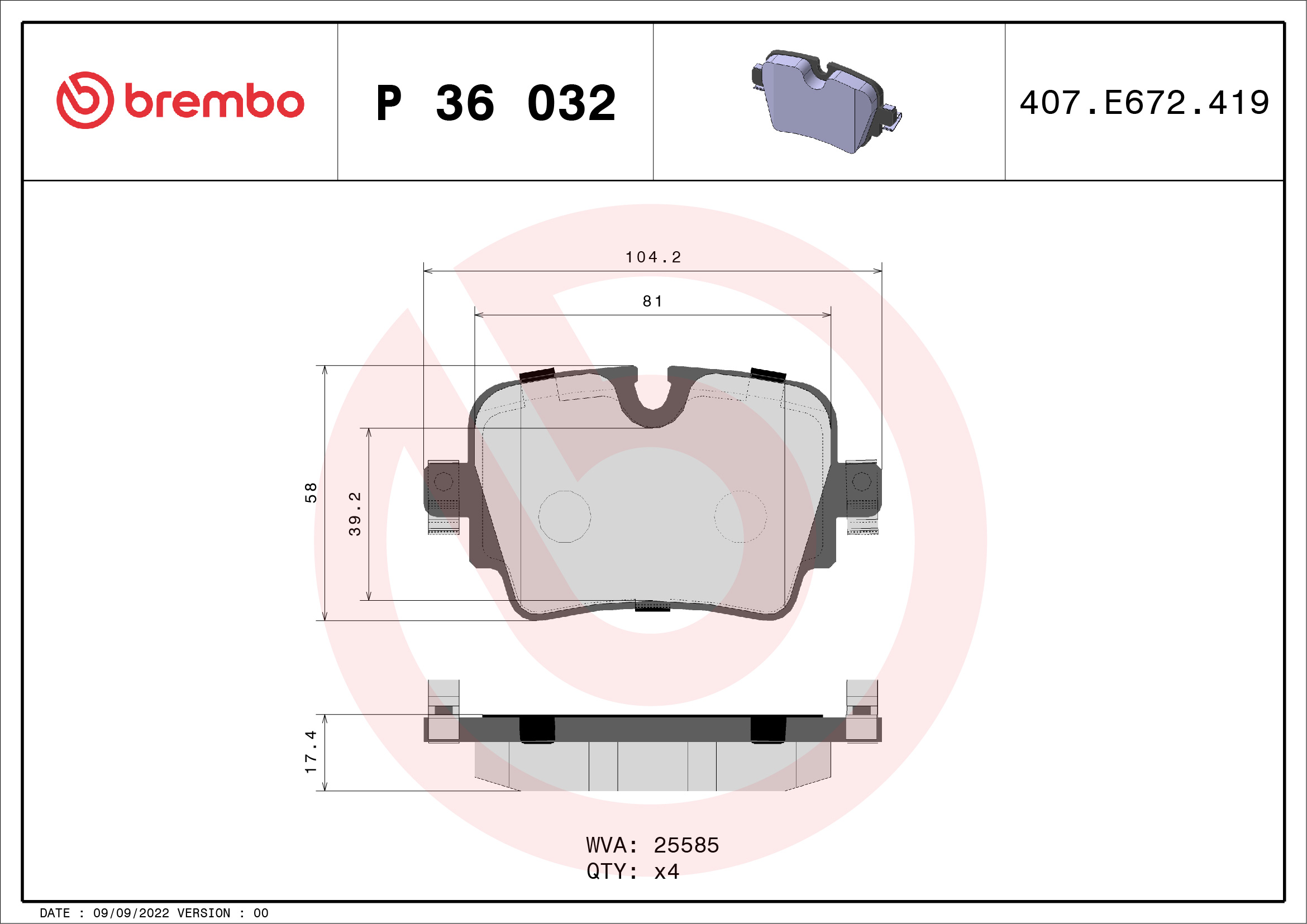 Комплект гальмівних накладок, дискове гальмо   P 36 032   BREMBO