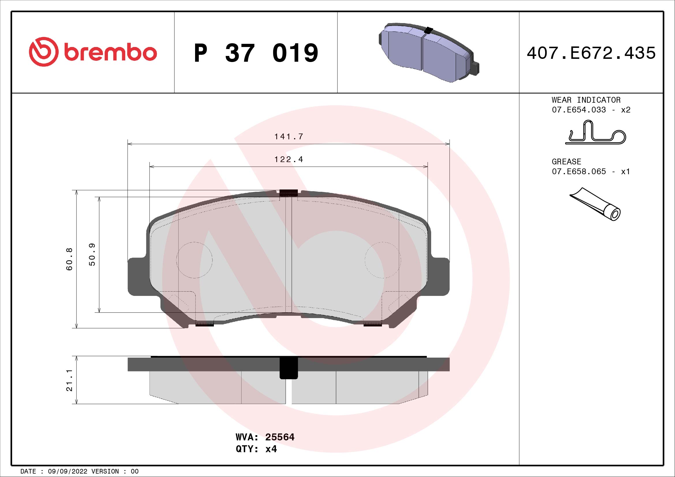 Комплект тормозных колодок, дисковый тормоз   P 37 019   BREMBO