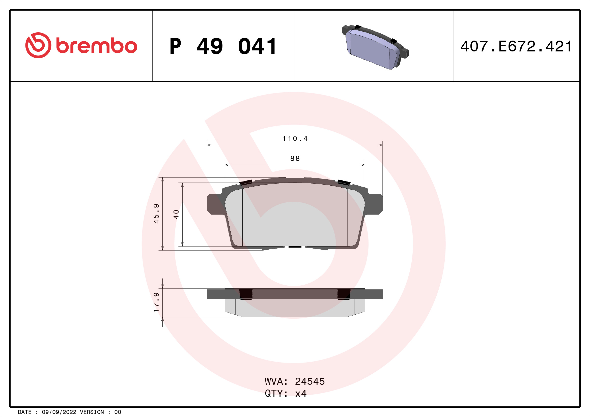 Комплект тормозных колодок, дисковый тормоз   P 49 041   BREMBO