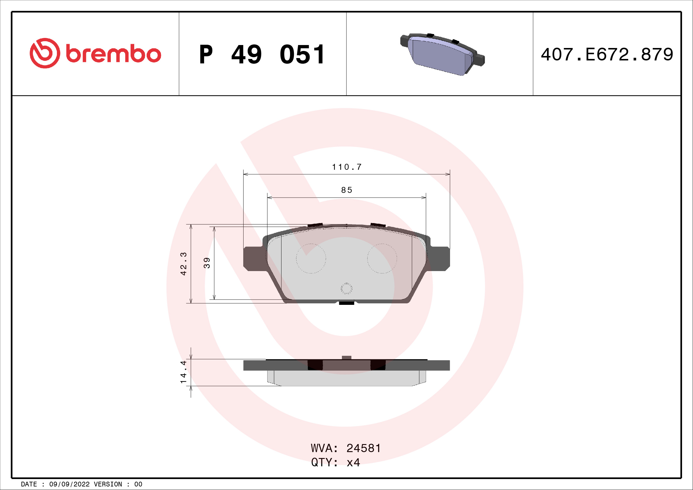 Комплект гальмівних накладок, дискове гальмо   P 49 051   BREMBO
