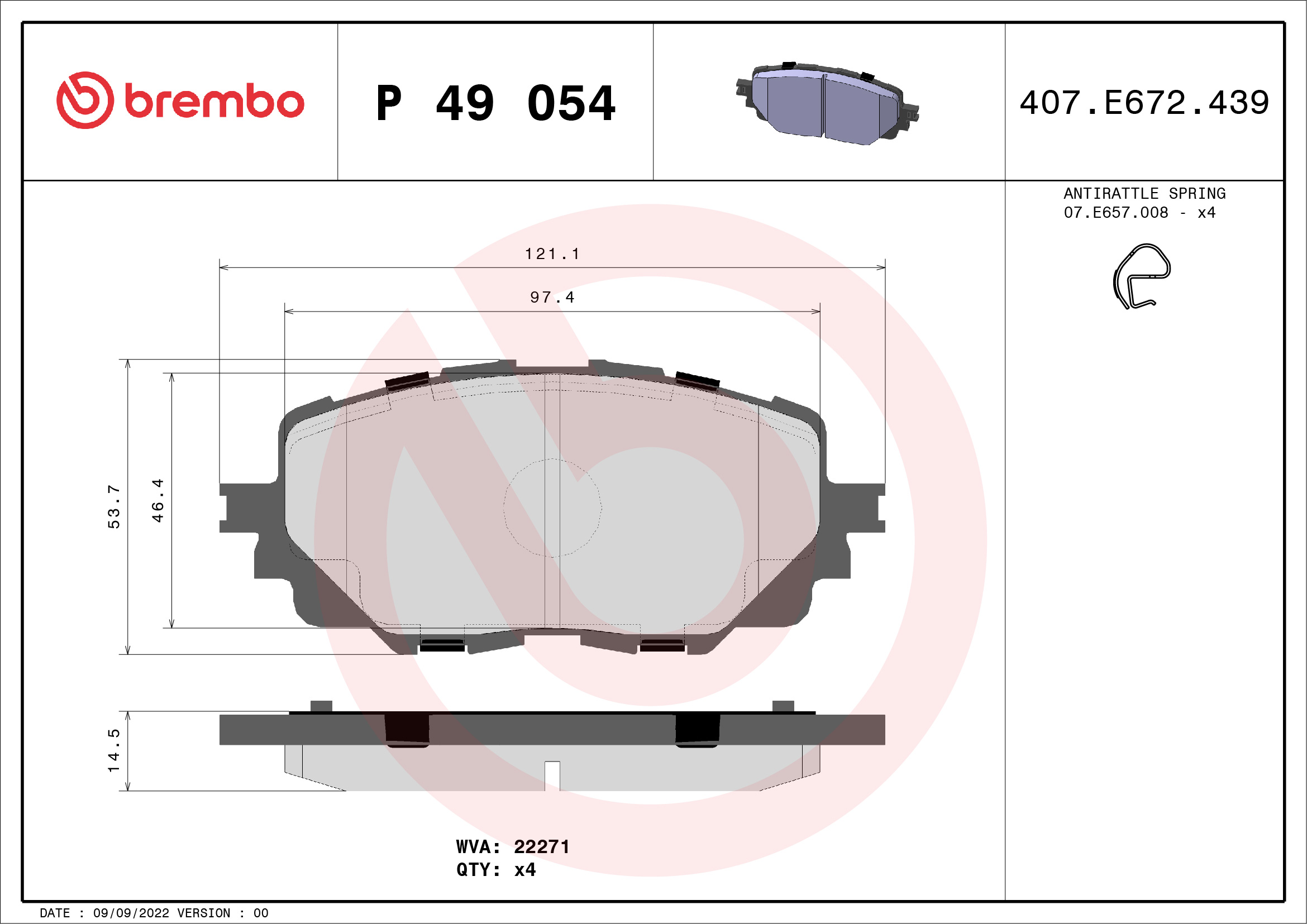 Комплект гальмівних накладок, дискове гальмо   P 49 054   BREMBO