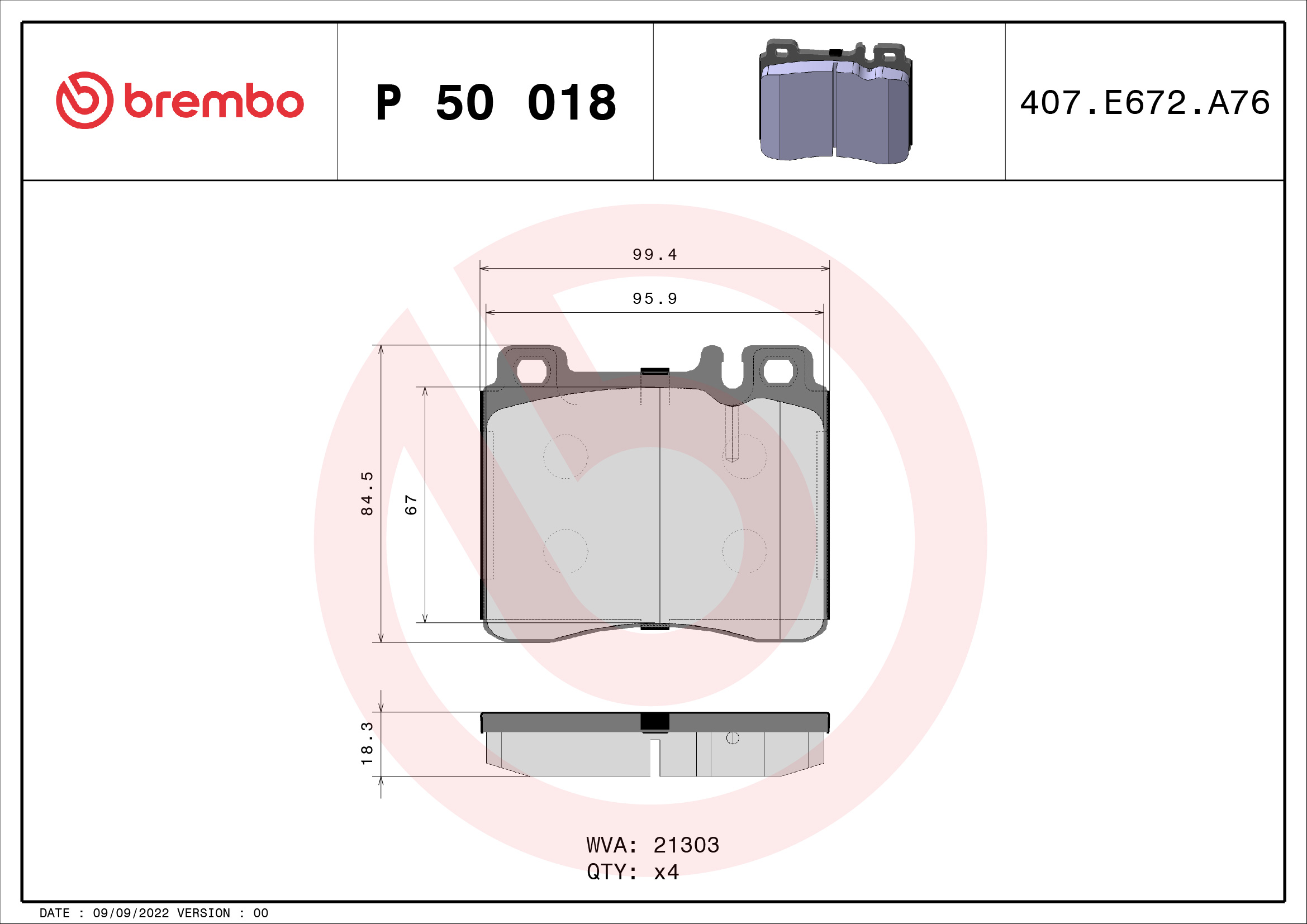 Комплект гальмівних накладок, дискове гальмо   P 50 018   BREMBO