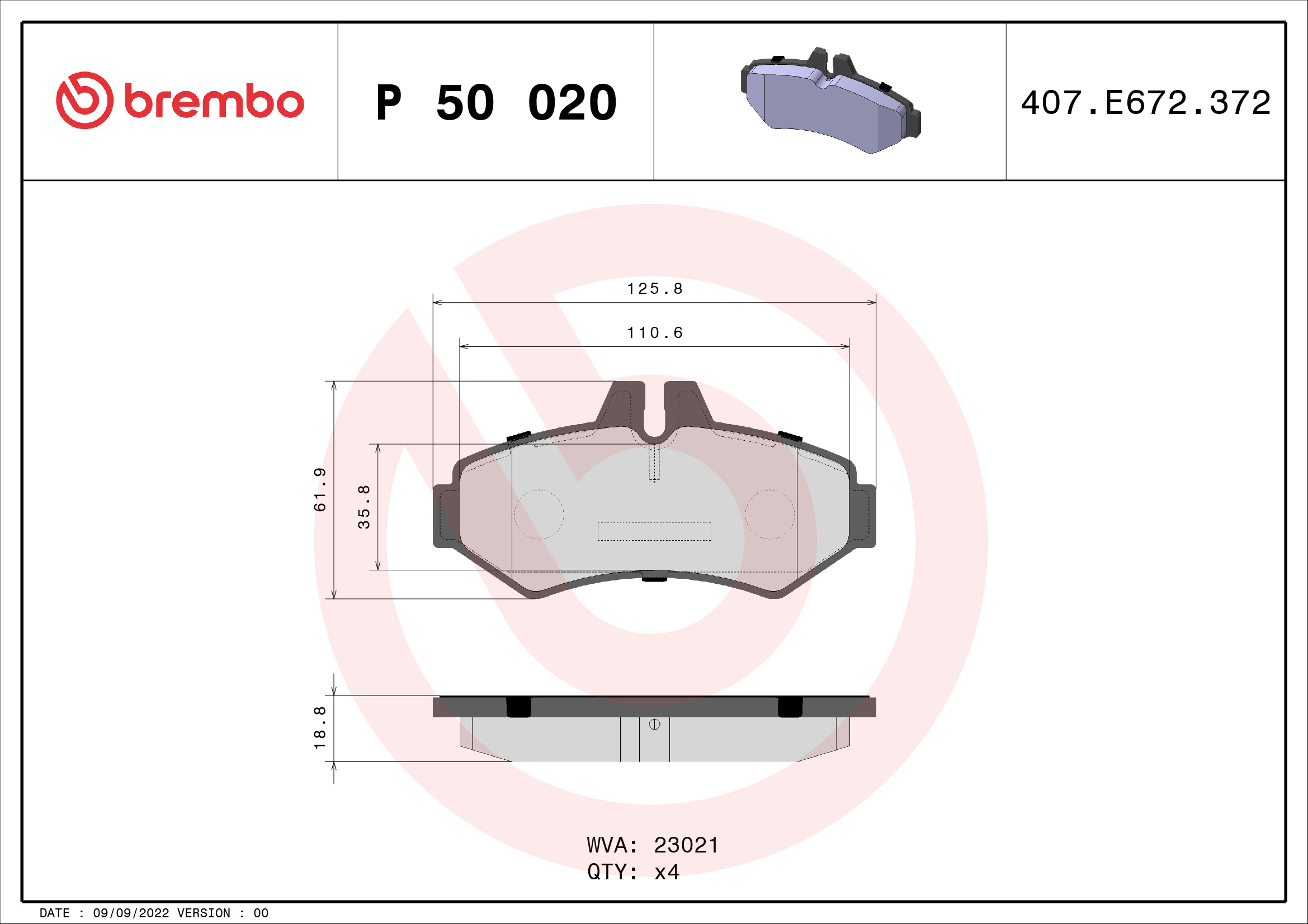 Комплект гальмівних накладок, дискове гальмо   P 50 020   BREMBO