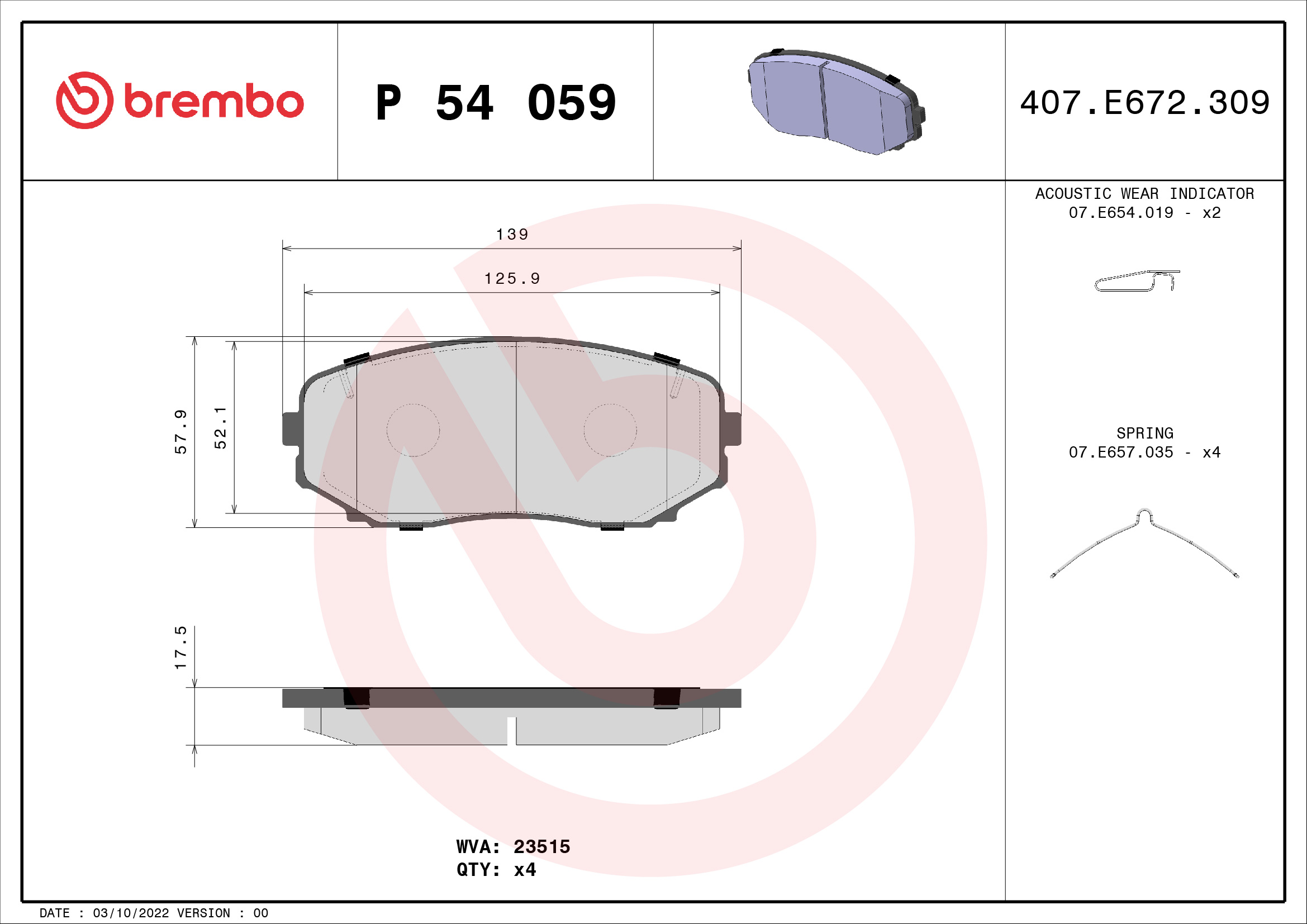 Комплект гальмівних накладок, дискове гальмо   P 54 059   BREMBO