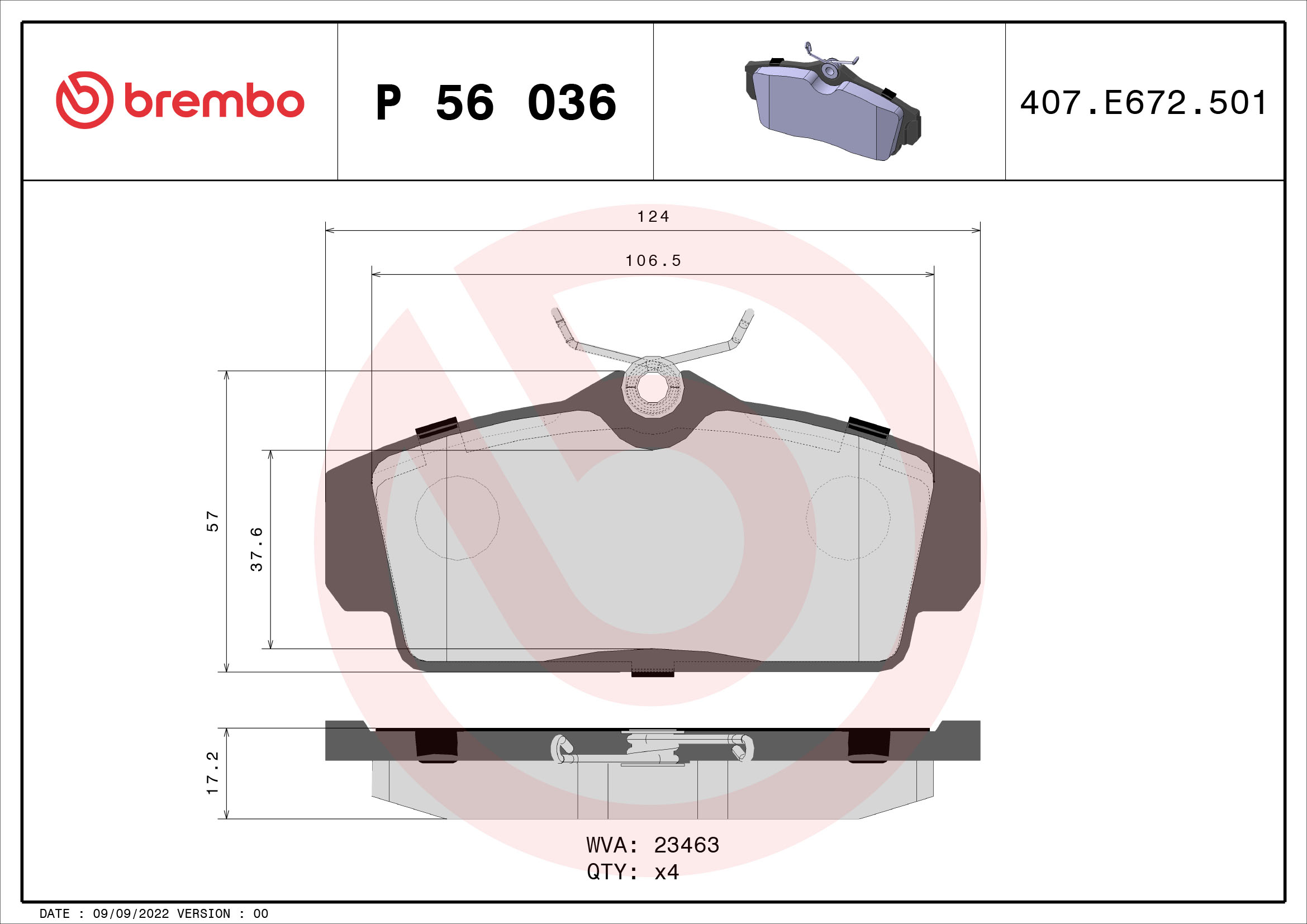 Комплект гальмівних накладок, дискове гальмо   P 56 036   BREMBO