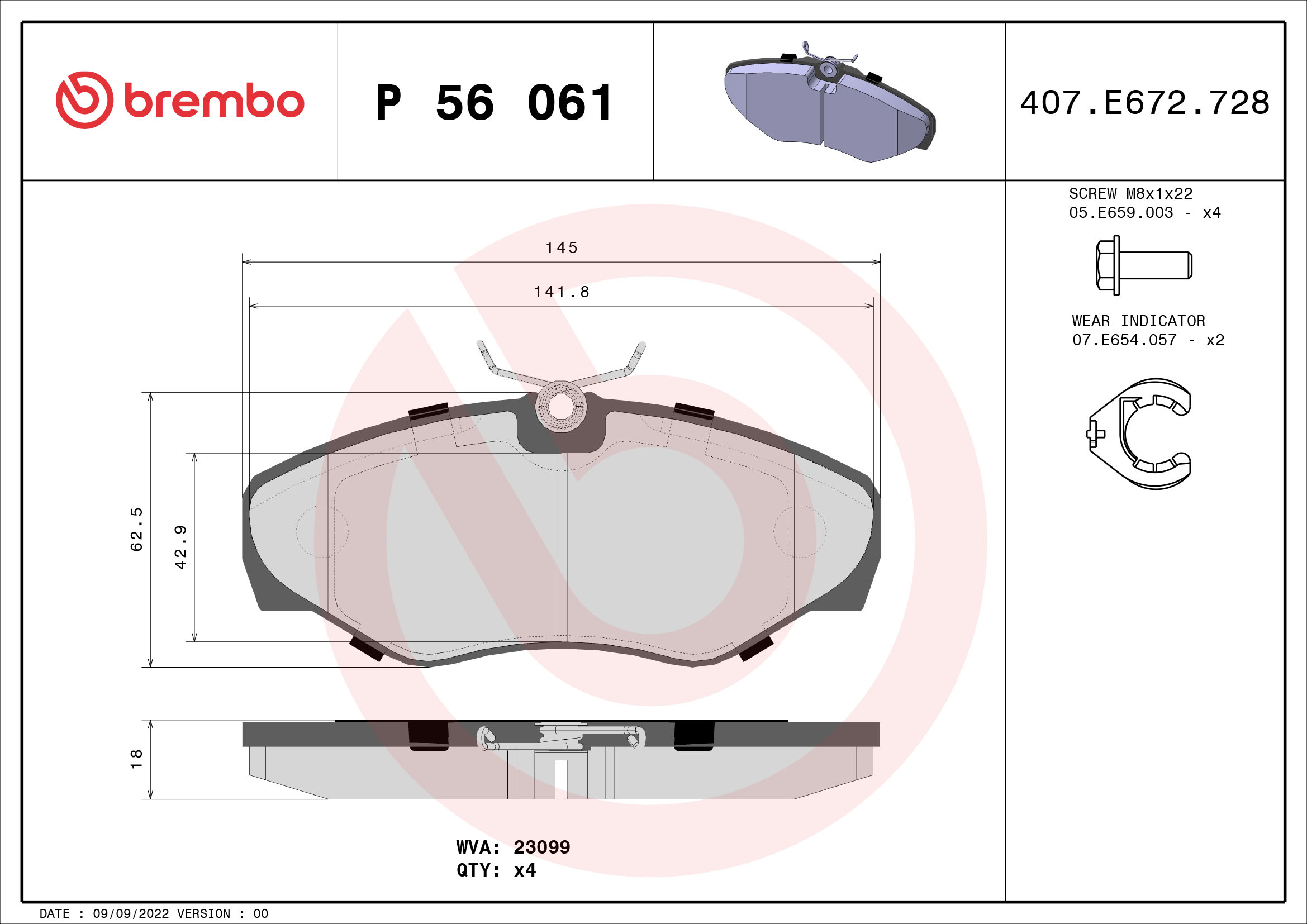 Комплект тормозных колодок, дисковый тормоз   P 56 061   BREMBO