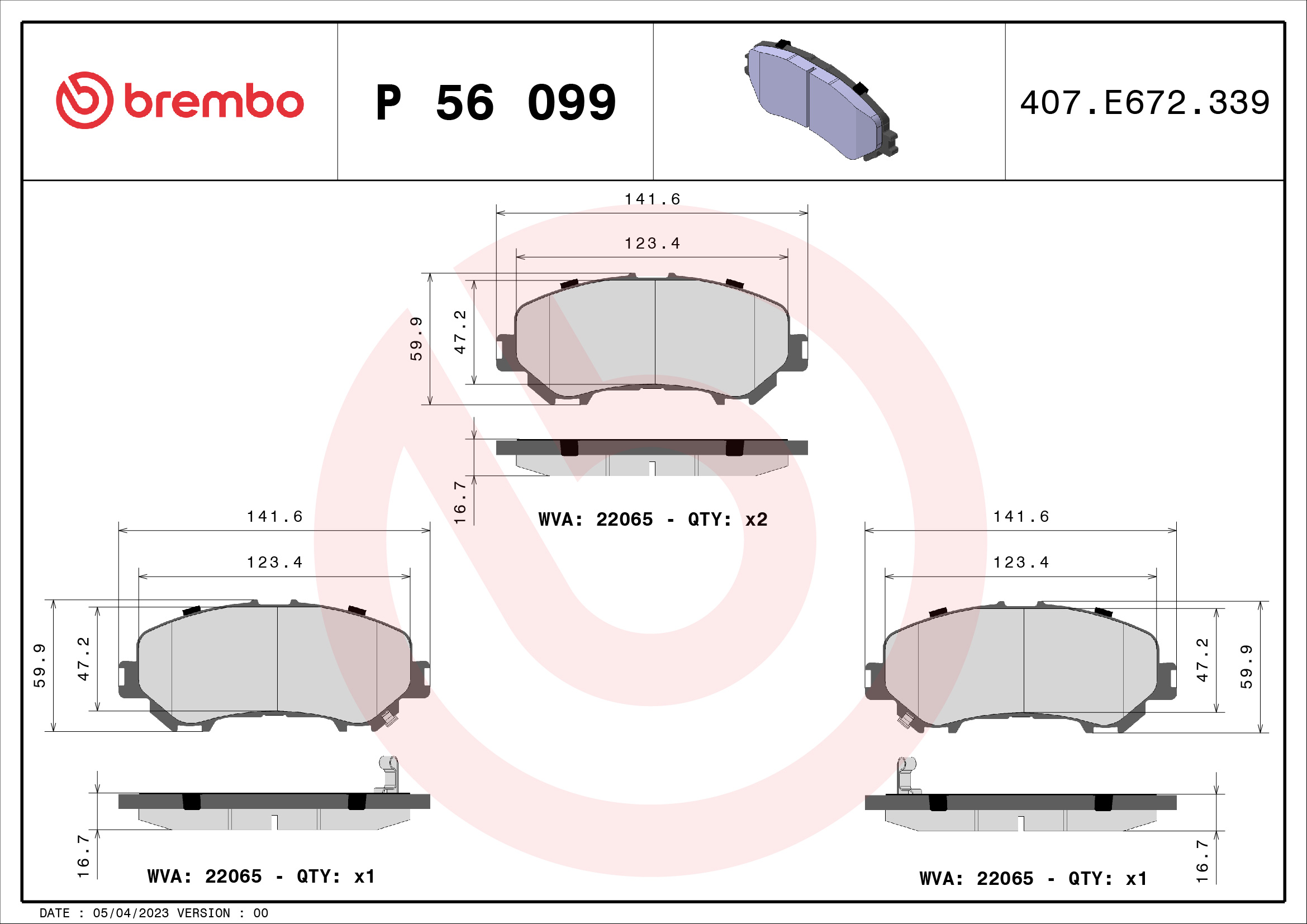 Комплект гальмівних накладок, дискове гальмо   P 56 099   BREMBO