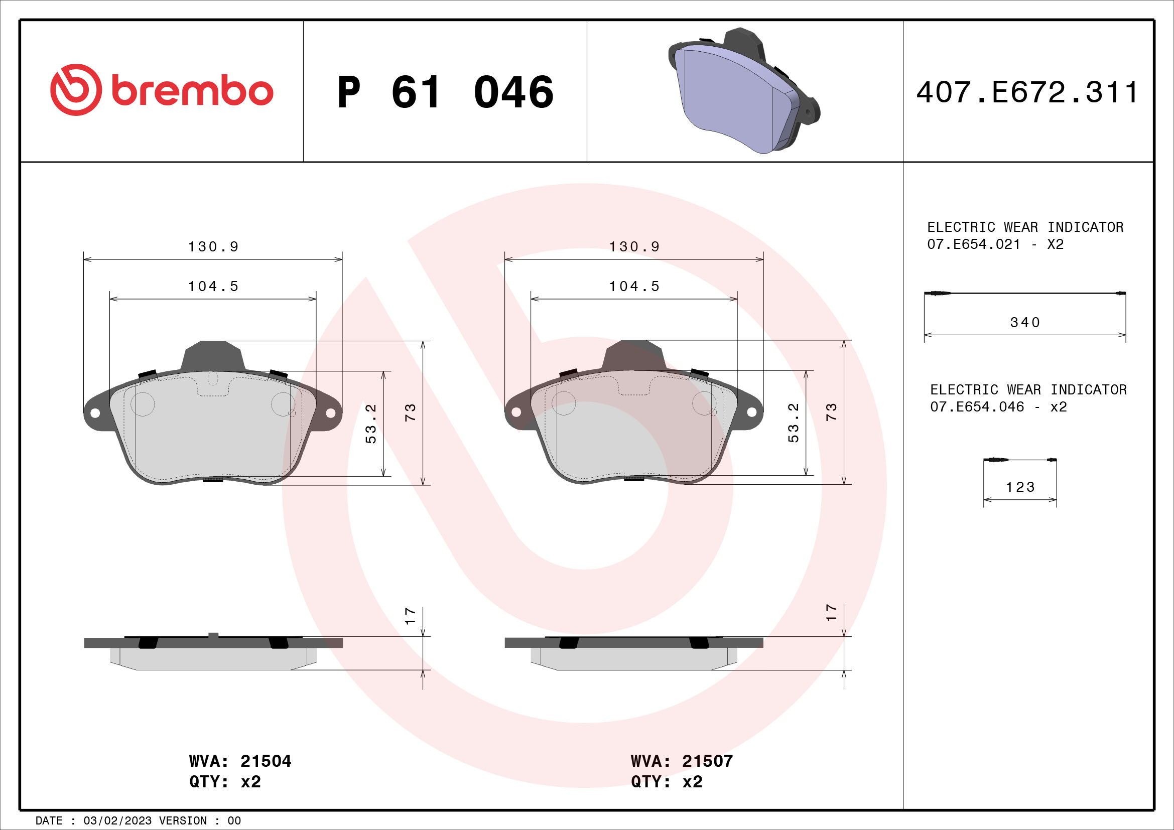 Комплект тормозных колодок, дисковый тормоз   P 61 046   BREMBO