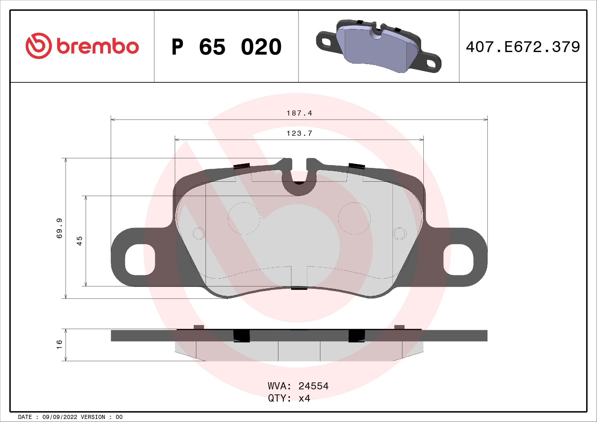 Комплект тормозных колодок, дисковый тормоз   P 65 020   BREMBO