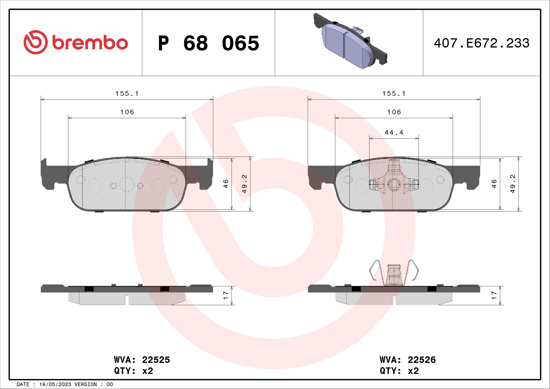 Комплект тормозных колодок, дисковый тормоз   P 68 065   BREMBO