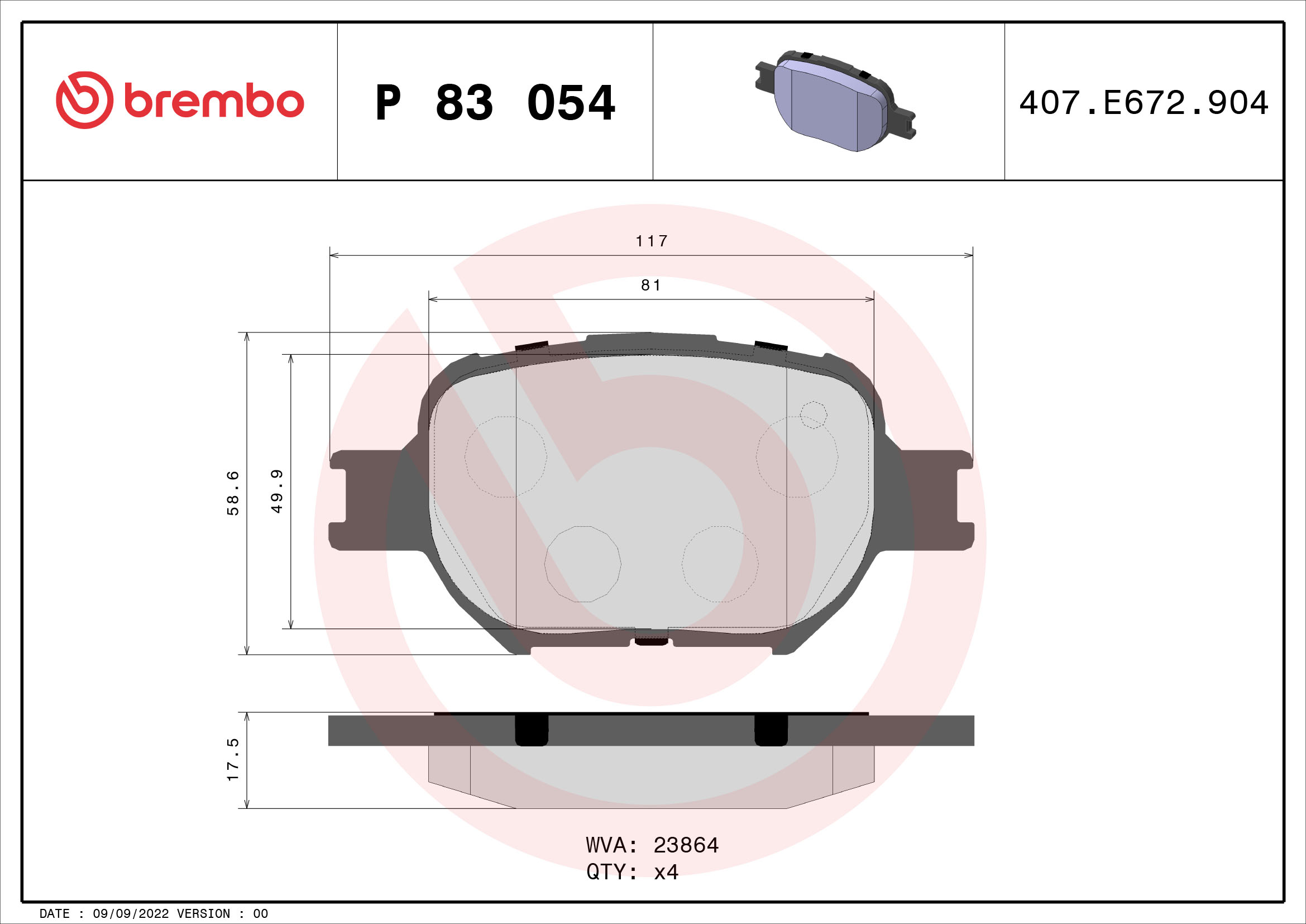 Комплект гальмівних накладок, дискове гальмо   P 83 054   BREMBO