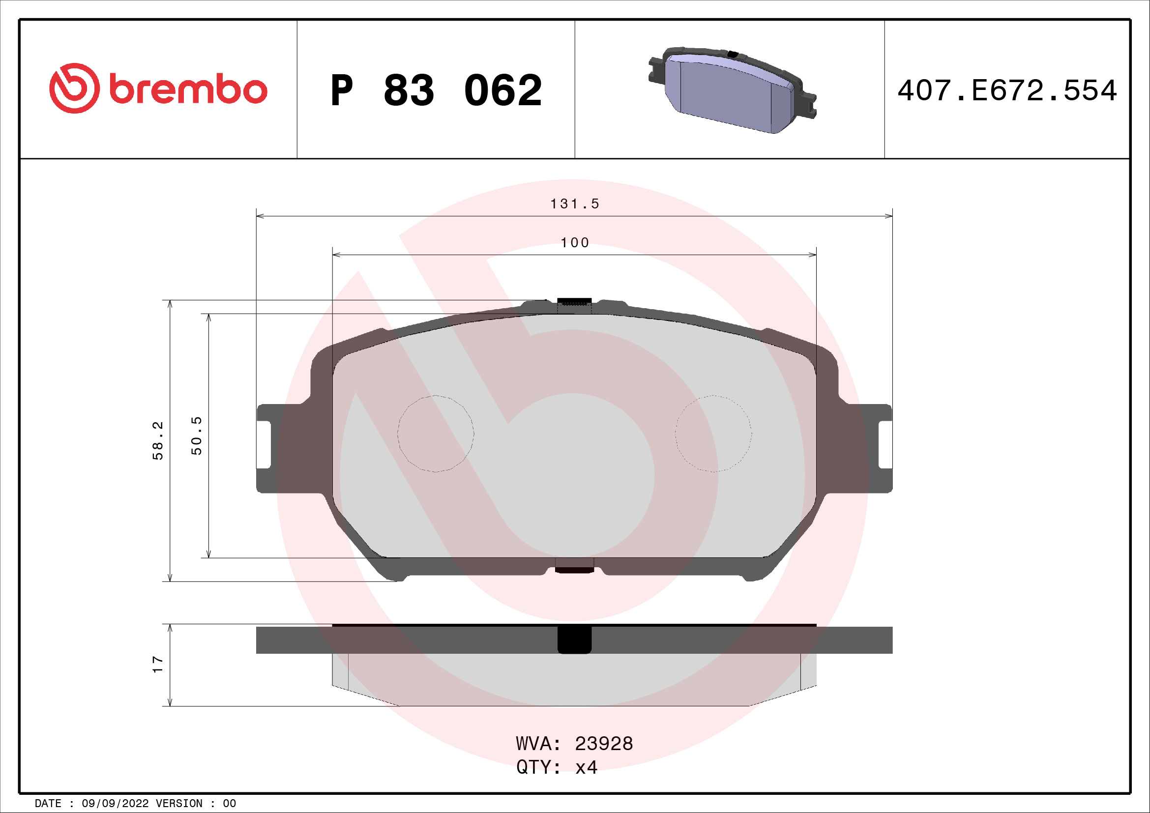 Комплект гальмівних накладок, дискове гальмо   P 83 062   BREMBO