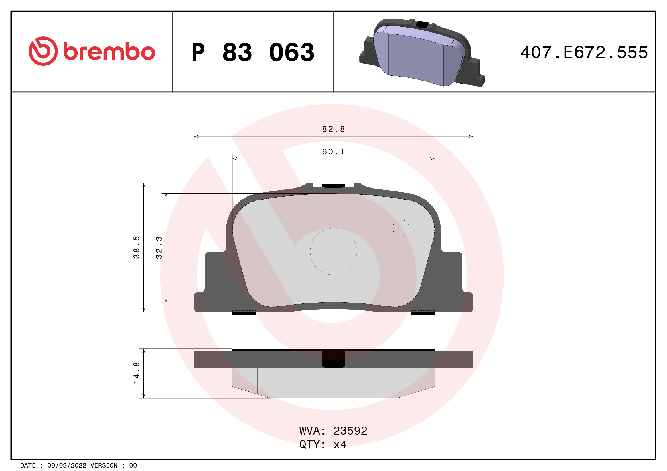 Комплект тормозных колодок, дисковый тормоз   P 83 063   BREMBO
