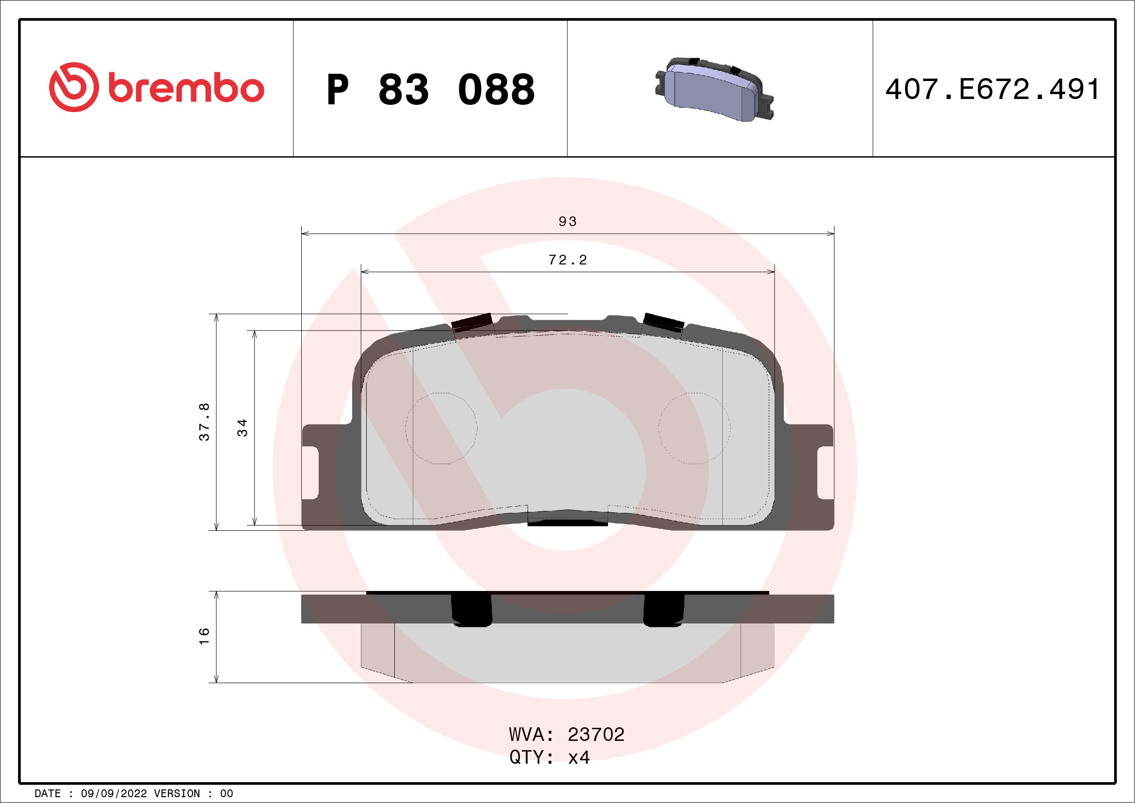 Комплект гальмівних накладок, дискове гальмо   P 83 088   BREMBO