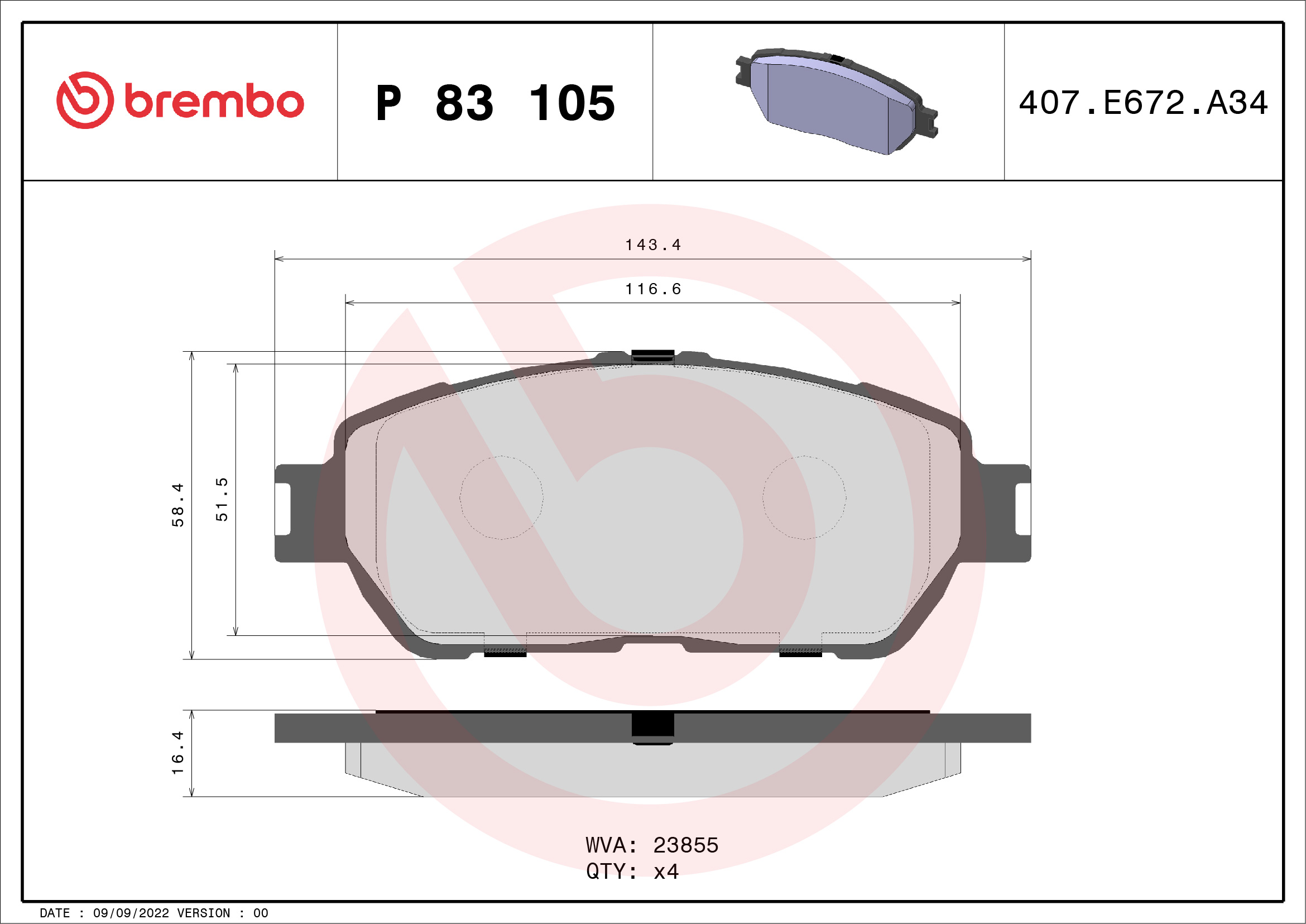 Комплект гальмівних накладок, дискове гальмо   P 83 105   BREMBO